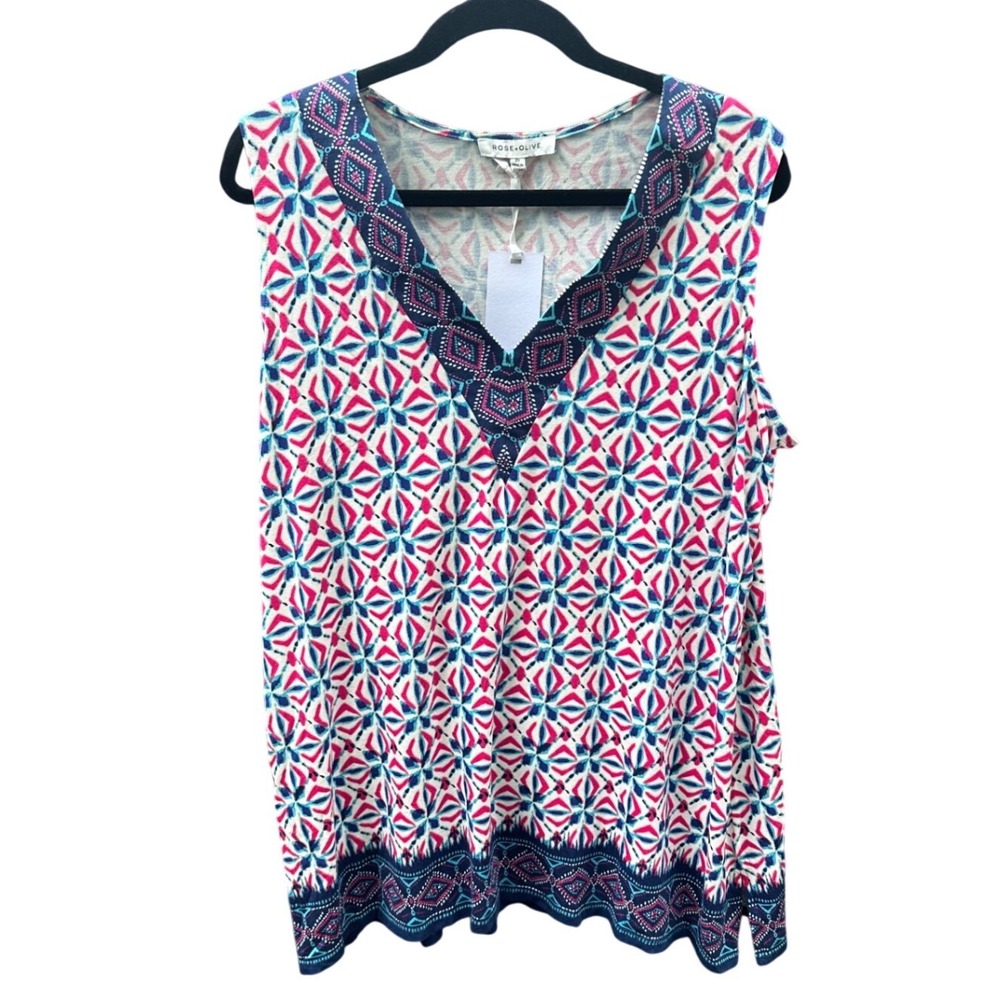 Rose + Olive Womens 2X Pink Teal Geometric V-Neck Sleeveless Tank Top NWT